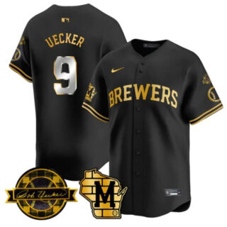 Men's Milwaukee Brewers #9 Bob Uecker Black Gold With Home & Bob Uecker Patch Limited Stitched Baseball Jersey