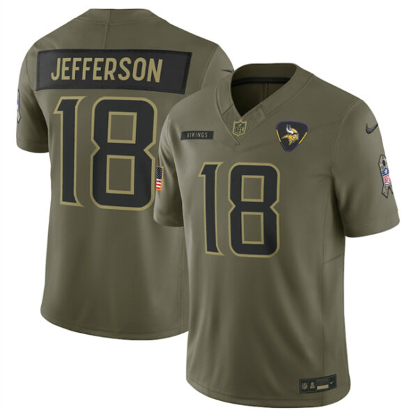 Men's Minnesota Vikings #18 Justin Jefferson Olive 2025 Salute to Service Limited Stitched Football Jersey