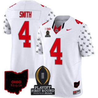 Men's Ohio State Buckeyes #4 Jeremiah Smith White F.U.S.E. 2024 Playoff First Round Patch Vapor Limited Stitched Jersey