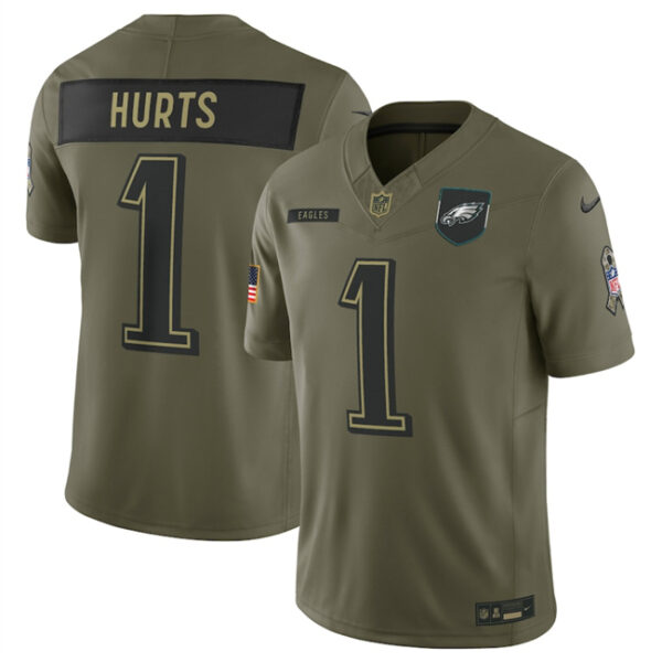Men's Philadelphia Eagles #1 Jalen Hurts Olive 2025 Salute to Service Limited Stitched Football Jersey
