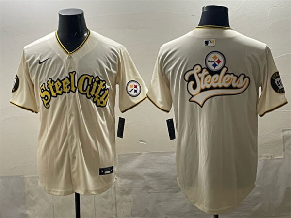 Men's Pittsburgh Steelers Team Big Logo Cream 412 Patch Vapor Premier Limited Stitched Baseball Jersey