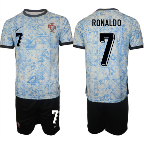 Men's Portugal Team #7 Ronaldo 2024-25 White Blue Away Soccer Jersey Suit