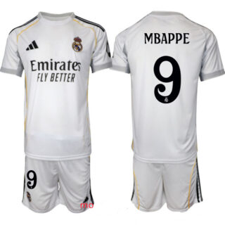 Men's Real Madrid #9 Kylian Mbappe 25 26 White Home Soccer Jersey Suit