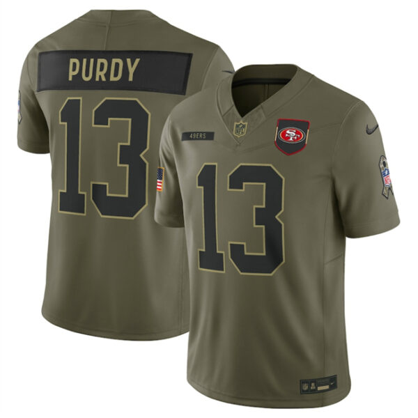 Men's San Francisco 49ers #13 Brock Purdy Olive 2025 Salute to Service Limited Stitched Football Jersey