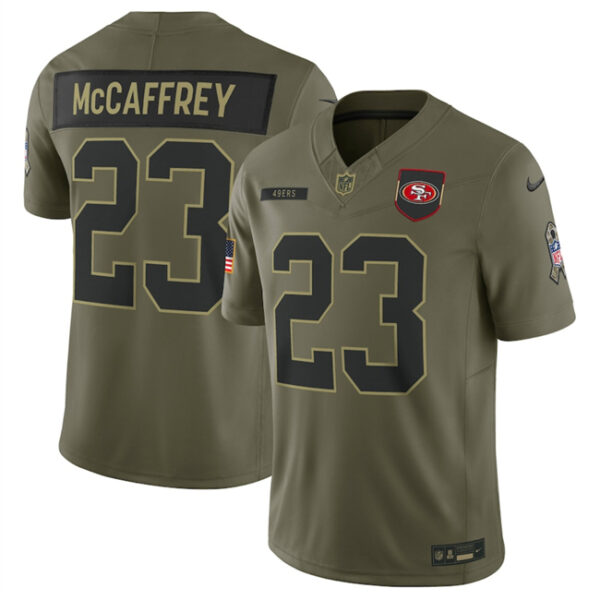 Men's San Francisco 49ers #23 Christian McCaffrey Olive 2025 Salute to Service Limited Stitched Football Jersey