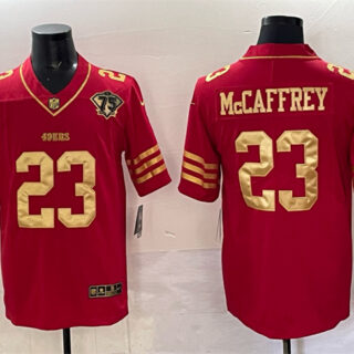 Men's San Francisco 49ers #23 Christian McCaffrey Red Gold With 75th Patch Vapor Limited Stitched Football Jersey