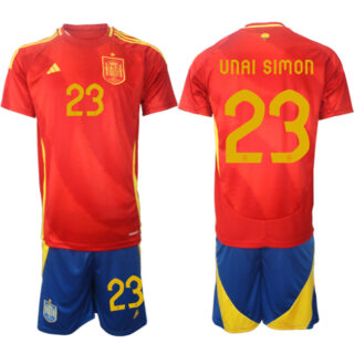 Men's Spain Team #23 Unai Simon 2024-25 Red Home Soccer Jersey Suit