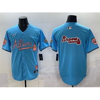 Men's Atlanta Braves Team Big Logo Blue 2024 Atliens & Peach With Outkast Vapor Limited Stitched Baseball Jersey
