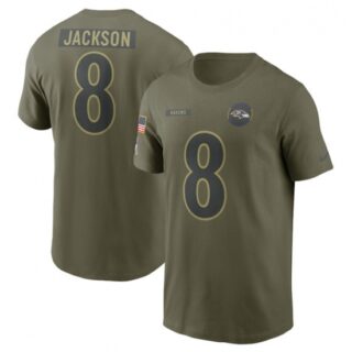 Men's Baltimore Ravens #8 Lamar Jackson Olive 2025 Salute to Service Name & Number T-Shirt