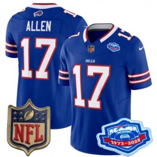 Men's Buffalo Bills 17 Josh Allen Blue 2025 F U S E Farewell Season Gold Shield Patch Stitched Football Jersey