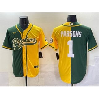 Men's Green Bay Packers #1 Micah Parsons Green Gold Split Cool Base Stitched Baseball Jersey