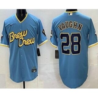 Men's Milwaukee Brewers #28 Andrew Vaughn Powder Blue 2022 City Connect Cool Base Jersey