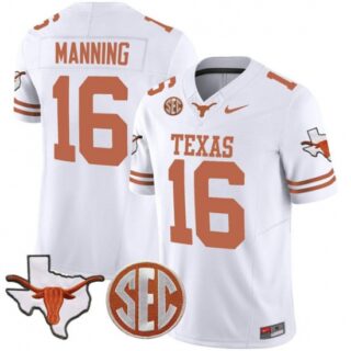Men's Texas Longhorns #16 Arch Manning White F.U.S.E. Map & SEC Vapor Limited V4 Stitched Jersey