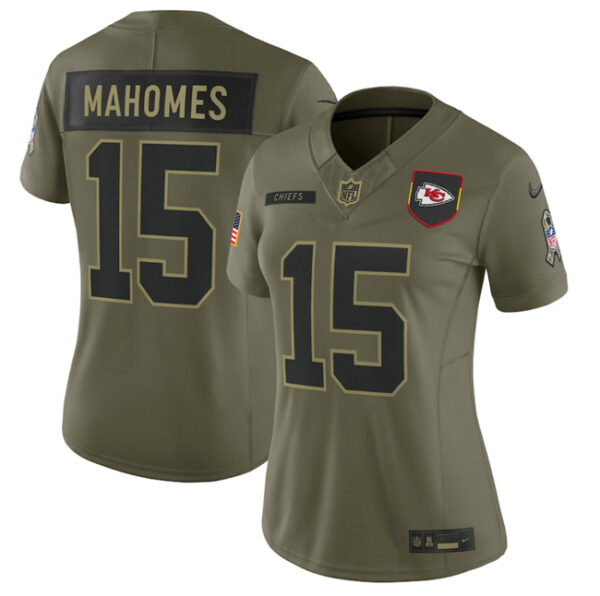 Women's Kansas City Chiefs #15 Patrick Mahomes Olive 2025 Salute to Service Limited Stitched Football Jersey(Run Small)