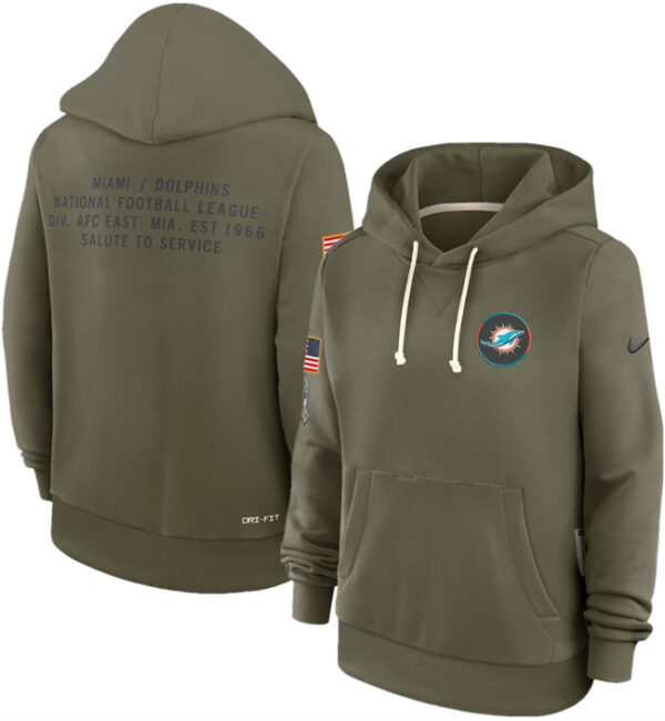 Women's Miami Dolphins Olive 2025 Salute to Service Sideline Standard Issue Dri-FIT Hoodie(Run Small)