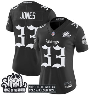 Women's Minnesota Vikings #33 Aaron Jones Black 2025 Kings of the North Patch 'Gothic Norseblood Edition' Vapor Untouchable Limited Stitched Football Jersey(Run Small)
