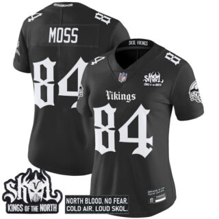 Women's Minnesota Vikings #84 Randy Moss Black 2025 Kings of the North Patch Gothic Norseblood Edition Vapor Untouchable Limited Stitched Football Jersey(Run Small)