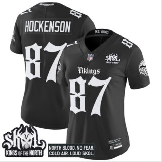 Women's Minnesota Vikings #87 T.J. Hockenson Black 2025 Kings of the North Patch Gothic Norseblood Edition Vapor Untouchable Limited Stitched Football Jersey(Run Small)