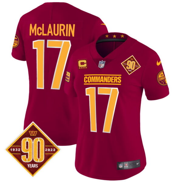 Women's Washington Commanders #17 Terry McLaurin 90th Anniversary Patch Vapor Jersey Burgundy