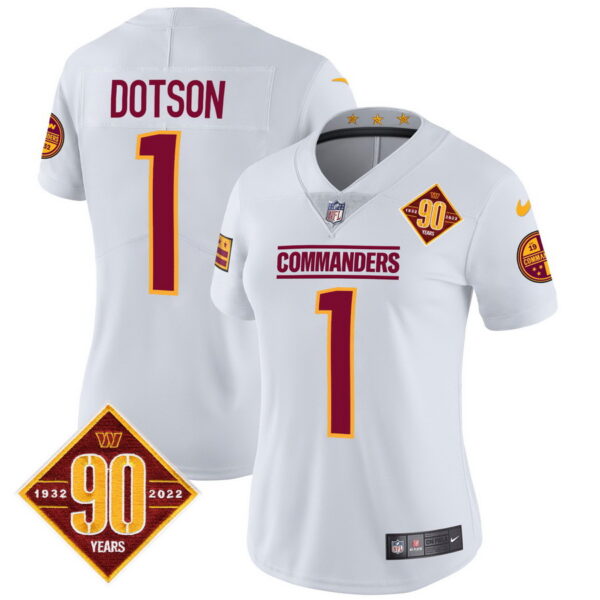 Women's Washington Commanders #1 Jahan Dotson 90th Anniversary Patch Vapor Jersey White