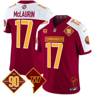 Men's Washington Commanders #17 Terry McLaurin 90th Anniversary & Home Patch Vapor Limited Jersey Burgundy Alternate
