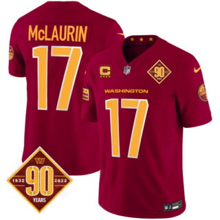 Men's Washington Commanders #17 Terry McLaurin 90th Anniversary Patch Vapor Limited Jersey V3 Burgundy