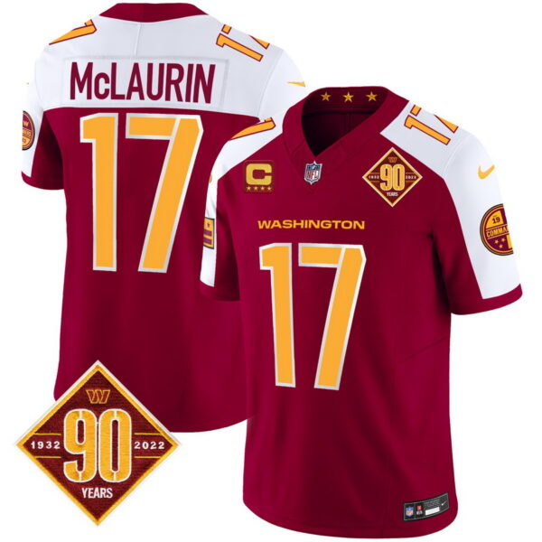 Men's Washington Commanders #17 Terry McLaurin 90th Anniversary Patch Vapor Limited Jersey V3 Burgundy Alternate