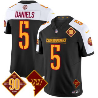 Men's Washington Commanders #5 Jayden Daniels 90th Anniversary & Home Patch Vapor Limited Jersey Black Alternate