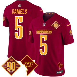 Men's Washington Commanders #5 Jayden Daniels 90th Anniversary & Home Patch Vapor Limited Jersey Burgundy