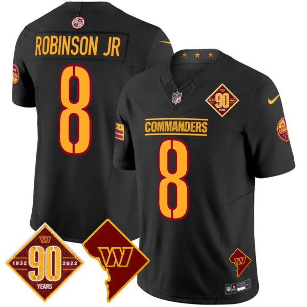 Men's Washington Commanders #8 Robinson Jr. 90th Anniversary & Home Patch Vapor Limited Jersey Black