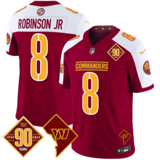 Men's Washington Commanders #8 Robinson Jr. 90th Anniversary & Home Patch Vapor Limited Jersey Burgundy Alternate