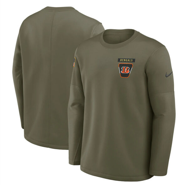 Men's Cincinnati Bengals Olive 2025 Salute to Service Sideline Coaches Therma-FIT Long Sleeve Shirt