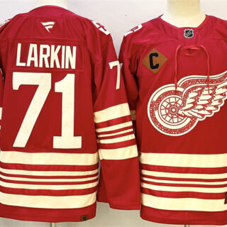 Men's Detroit Red Wings #71 Dylan Larkin Red 2025-26 With C Patch Centennial Premium Stitched Hockey Jersey
