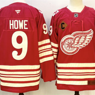 Men's Detroit Red Wings #9 Gordie Howe Red 2025-26 With C Patch Centennial Premium Stitched Hockey Jersey
