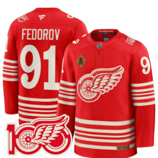 Men's Detroit Red Wings #91 Sergei Fedorov Red 2025 Centennial Premium With 100 and P Patch And A Patch Stitched Hockey Jersey