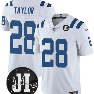 Men's Indianapolis Colts #28 Jonathan Taylor White Jim Irsay Patch Vapor Limited Stitched Football Jersey