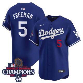 Men's Los Angeles Dodgers #5 Freddie Freeman Royal 2024 World Series Champions Patch Limited Stitched Baseball Jersey