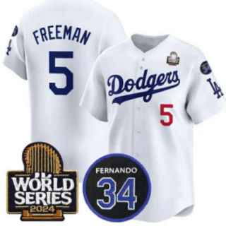 Men's Los Angeles Dodgers #5 Freddie Freeman White 2024 World Series With Fernando Memorial Patch Limited Stitched Baseball Jersey