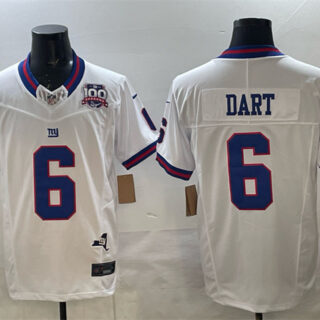 Men's New York Giants #6 Jaxson Dart White 2025 Draft F.U.S.E. 100th Season & State Patch Vapor Limited Stitched Football Jersey