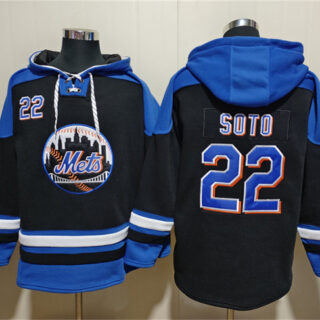 Men's New York Mets #22 Juan Soto Black Blue Ageless Must-Have Lace-Up Pullover Hoodie