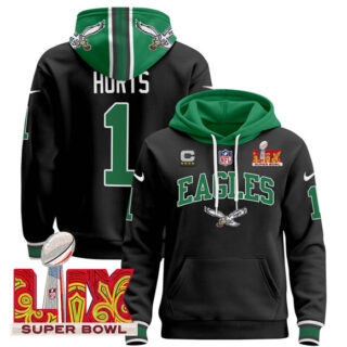 Men's Philadelphia Eagles #1 Jalen Hurts Black 2025 Super Bowl LIX With 4-Star C Patch Pullover Stitched Hoodie
