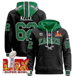 Men's Philadelphia Eagles #62 Jason Kelce Black 2025 Super Bowl LIX With 4-Star C Patch Pullover Stitched Hoodie