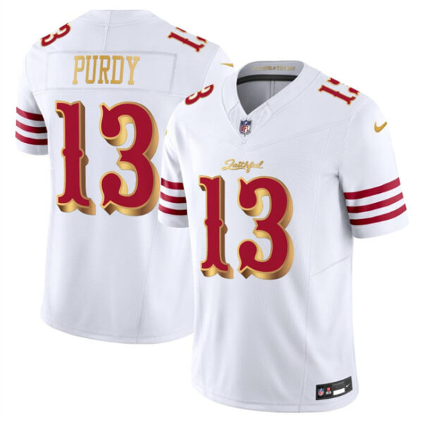 Men's San Francisco 49ers #13 Brock Purdy White Gold 2025 F.U.S.E. ??Rivalries?? Vapor Limited Stitched Football Jersey