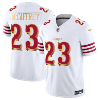 Men's San Francisco 49ers #23 Christian McCaffrey White Gold 2025 F.U.S.E. Rivalries Vapor Limited Stitched Football Jersey