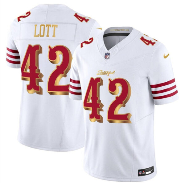 Men's San Francisco 49ers #42 Ronnie Lott White Gold 2025 F.U.S.E. ??Rivalries?? Vapor Limited Stitched Football Jersey