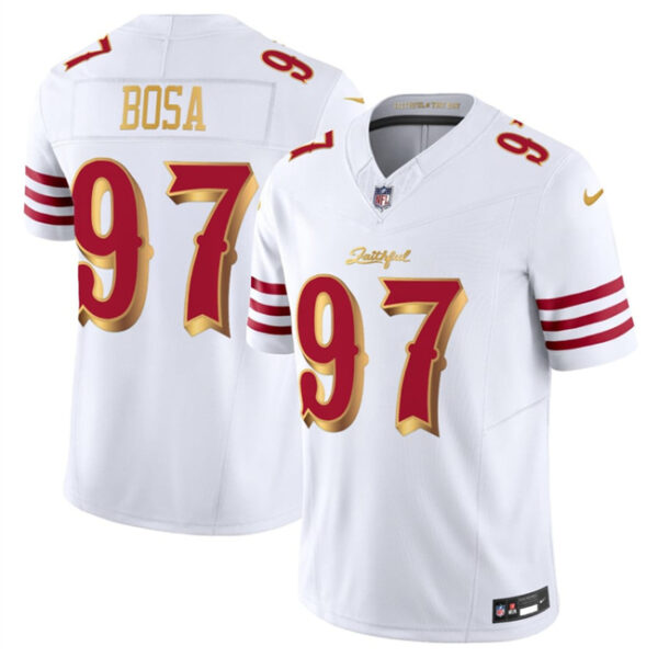 Men's San Francisco 49ers #97 Nick Bosa White Gold 2025 F.U.S.E. ??Rivalries?? Vapor Limited Stitched Football Jersey