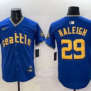 Men's Seattle Mariners #29 Cal Raleigh Royal With 2025 AL West Division Champions Patch City Connect Limited Stitched Baseball Jersey