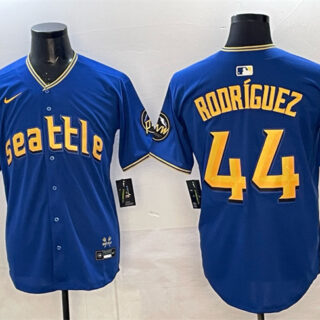 Men's Seattle Mariners #44 Julio Rodriguez Royal With 2025 AL West Division Champions Patch City Connect Limited Stitched Baseball Jersey
