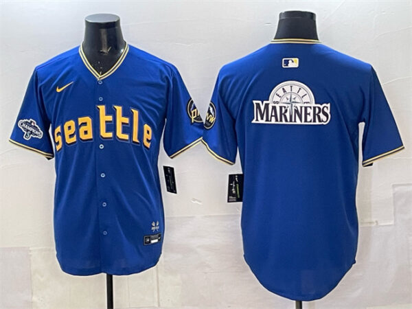 Men's Seattle Mariners Team Big Logo Royal With 2025 AL West Division Champions Patch City Connect Limited Stitched Baseball Jersey 1