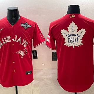 Men's Toronto Blue Jays & Leafs Red 2025 World Series With White Leafs Logo Cool Base Stitched Baseball Jersey